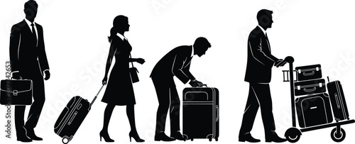 Business traveler silhouettes with luggage walking and handling suitcases airport travel concept professional people vector illustration isolated white background