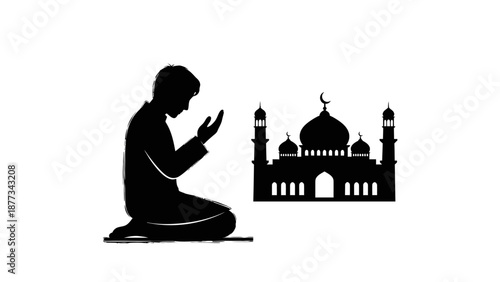 Man in prayer beside a mosque.