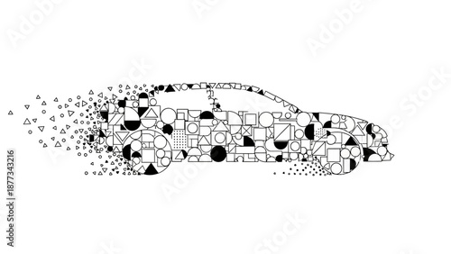 Car made of geometric shapes dissolving.