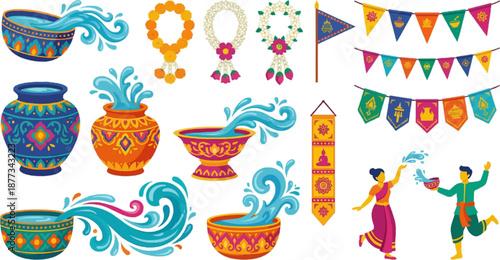 Decorative Indian festival icons set featuring ornate kalash pots, bells, garlands, pennant flags and bunting for cultural celebration designs