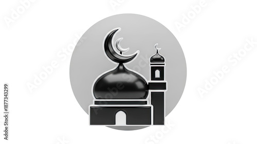 3D Mosque Icon with Crescent Moon