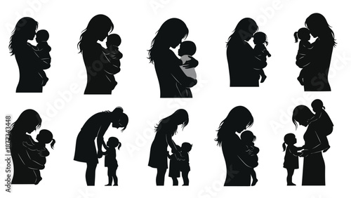 Mother and child silhouette illustrations showing various bonding moments and interactions in different poses