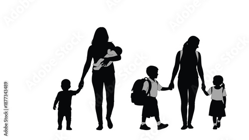 Silhouette of two mothers with children walking hand in hand family and parenting concept