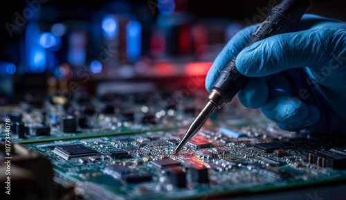 Wallpaper Mural Hands in blue gloves assembling or repairing a complex electronic circuit board with precision tools in a high-tech environment Torontodigital.ca