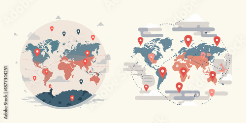 A vibrant vector illustration of the global earth map designed as a mosaic of harlequin circles representing an international network for worldwide business and travel technology