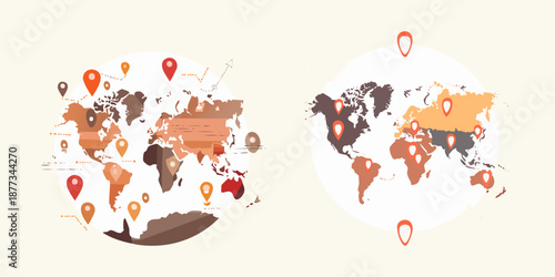 Vector illustration of a global map with red paint splashes on a white background representing a world network symbol for international business and travel across every continent