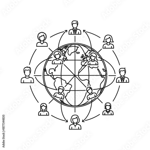 Global Social Network Line Icon. Worldwide Business Connection, Team Structure, and Communication Diagram.