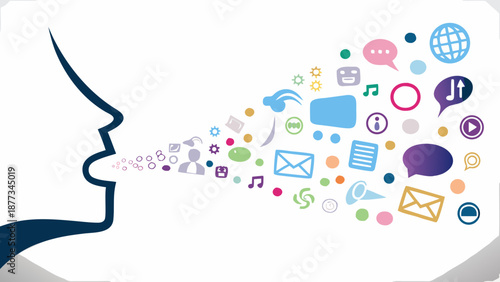 Vibrant communication icons emerging from a speaking person's head