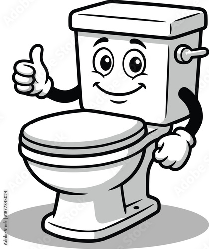 Cartoon toilet character, smiling face, thumbs up, bathroom humor, hygiene mascot, cheerful design, comic style, flat vector illustration