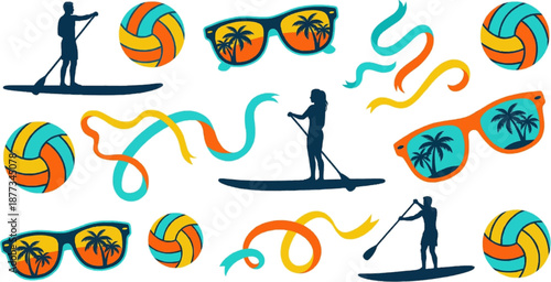 Surfer and beach icon set featuring surfer silhouette, person carrying surfboard and decorative wave elements