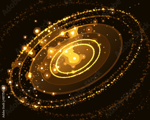 Golden galaxy with swirling rings and stars in space