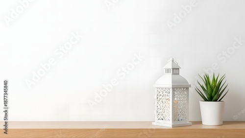 Wallpaper Mural White lantern and potted plant on a wooden shelf against a white wall decorative indoor minimalist Torontodigital.ca