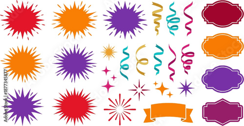 Bright starburst and swirl elements set with fireworks bursts and curly streamers in vibrant colors