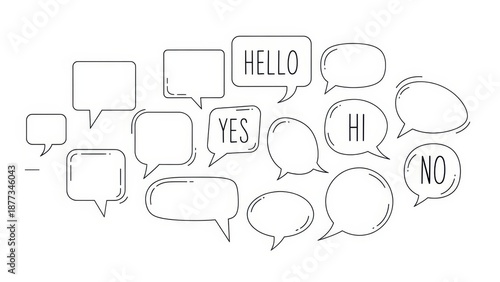 Simple illustration of outlined speech bubbles with positive and negative affirmations creating a