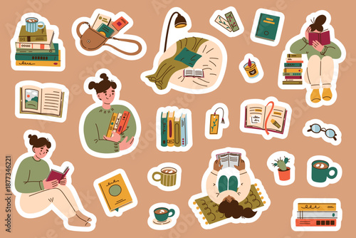 Set collection of cute cozy reading stickers, vector flat cartoon illustration. Books, people reading at home, hobby and self time theme for planners, journals, social media, messaging apps