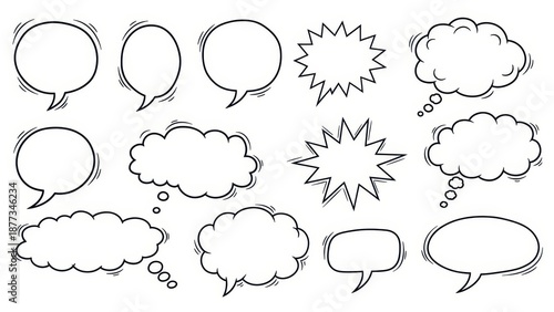 Whimsical Hand-Drawn Speech Bubbles and Thought Clouds for Creative Projects and Designs