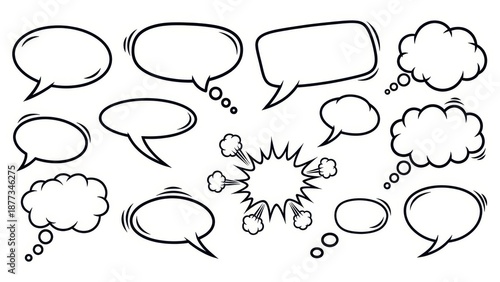 Diverse collection of comic-style speech bubbles and thought clouds for creative projects