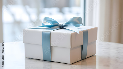 Elegant white gift box wrapped with blue ribbon for luxury celebrations