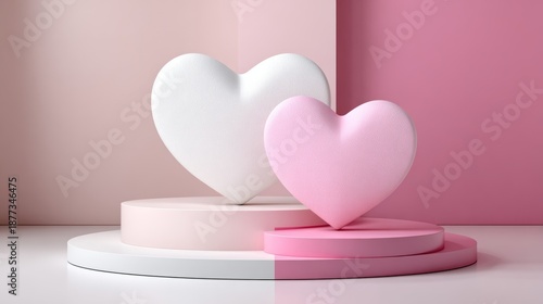 A pink and white 3D illustration shows two heart-shaped podiums (pedestal, stand) for a Valentine’s Day product display