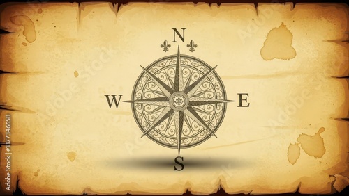 Antique compass rose illustration on parchment with aged appearance for nautical themes
