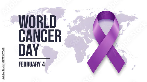 World Cancer Day typography poster with ribbon symbol, modern healthcare awareness design.