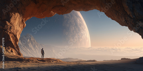 Astronaut Silhouette on Alien Desert Dunes with Twin Moons and Giant Planet