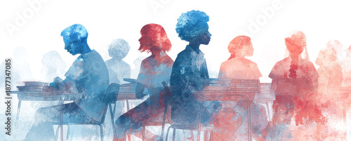 Diverse group of students sitting in an open classroom engaged in learning activities with colorful watercolor effect