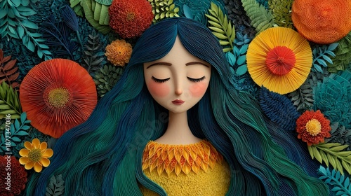 International Women’s Day March 8 card with paper art of women with flowers in hair