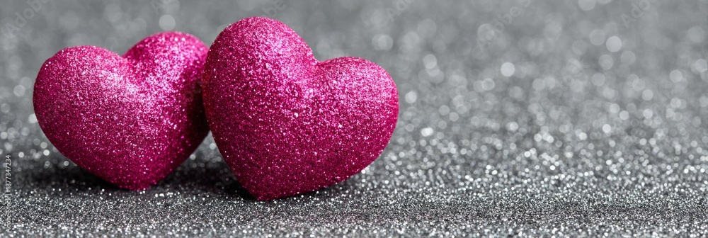 Obraz premium A Valentine's Day banner with two pink glittery hearts set against a bokeh‑lit backdrop