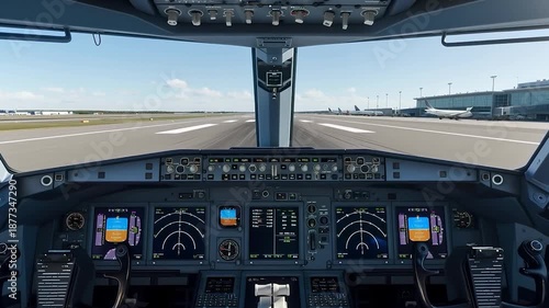 Symmetrical View from Pilot Cockpit Overlooking Centerline of Airport Runway Under Clear Sky, Flight Deck Controls and Navigation Displays, Concept of Precision Aviation and Commercial Air Travel.