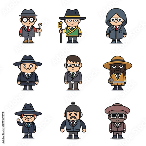 A collection of nine diverse cartoon men in suits and hats, featuring various accessories and styles, depicted with a retro pixel art aesthetic.