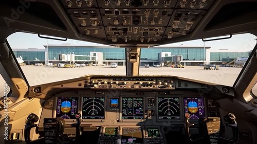 Detailed Pilot Perspective from Cockpit Facing Airport Terminal Gate, Flight Deck Instrumentation and Navigation Systems, Concept of Aviation Readiness, Ground Handling, and Air Transportation.