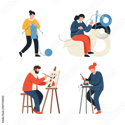 Four diverse individuals enjoying creative hobbies like knitting, sewing, painting, and sculpting, illustrating various leisure activities.