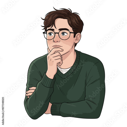 A thoughtful young man with glasses and a green sweater, contemplating with his hand on his chin.
