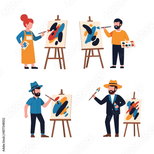 Four diverse artists painting abstract art on easels with brushes and palettes, showcasing creative hobbies.