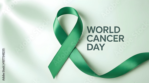 Minimal World Cancer Day design with green ribbon, healthcare awareness concept for campaigns and digital media.