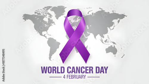 World Cancer Day banner with purple ribbon and global theme, healthcare awareness design for posters and campaigns.