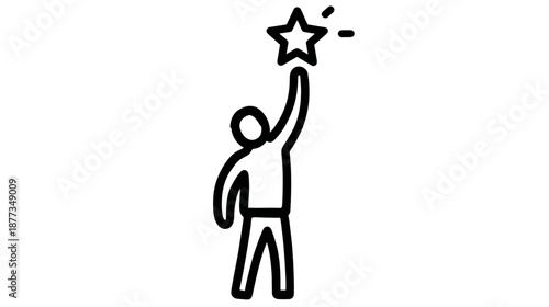 Black and white line drawing of a person reaching up to a star