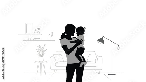 Silhouette of mother holding child in living room with sofa and lamp warm family moment