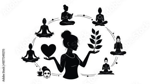 Woman practices yoga and meditation surrounded by others in a circle symbolizing wellness and self care with a heart and leaf