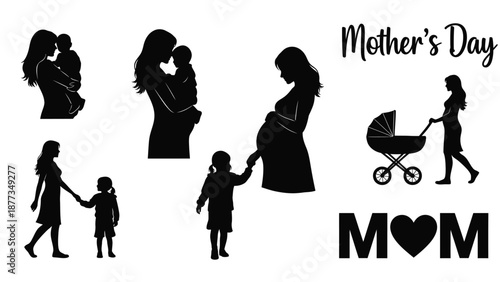 Mother's day silhouette illustrations of mothers with children pregnancy and parenting
