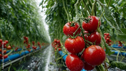 Ripe tomatoes hanging from lush green plants in a modern greenhouse with irrigation system in operation