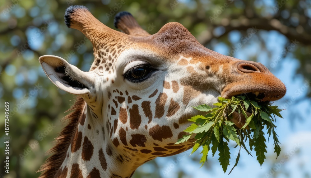 Obraz premium Giraffe eating leaves in natural habitat with blue sky background