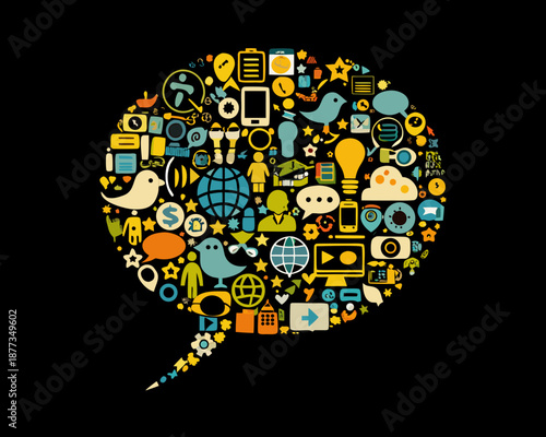 Vibrant social media icons and symbols in speech bubble