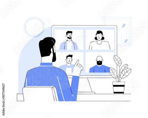 Remote team collaborating online with video conference on computer screen