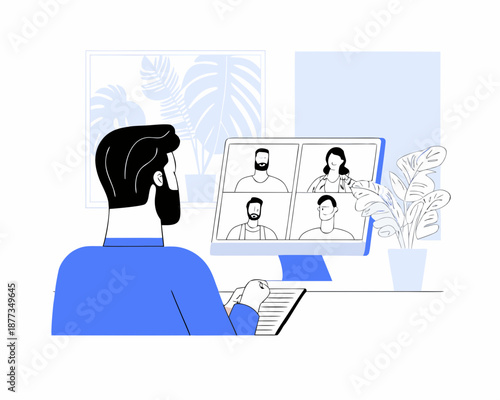 Professional man in blue shirt having remote business meeting on computer