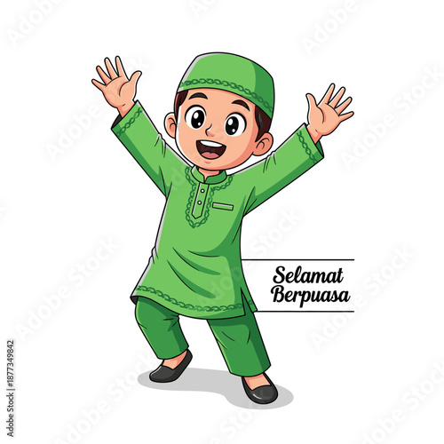 A cheerful Muslim boy, dressed in traditional green baju koko and peci, joyfully raises his hands in an excited gesture, celebrating a religious occasion.