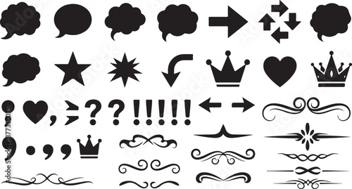 Black and white typographic decorative elements and punctuation marks