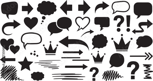 Black and white vector set of various speech bubbles and icons
