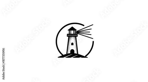 A monochrome illustration features a lighthouse emitting beams within a circular frame on a white background